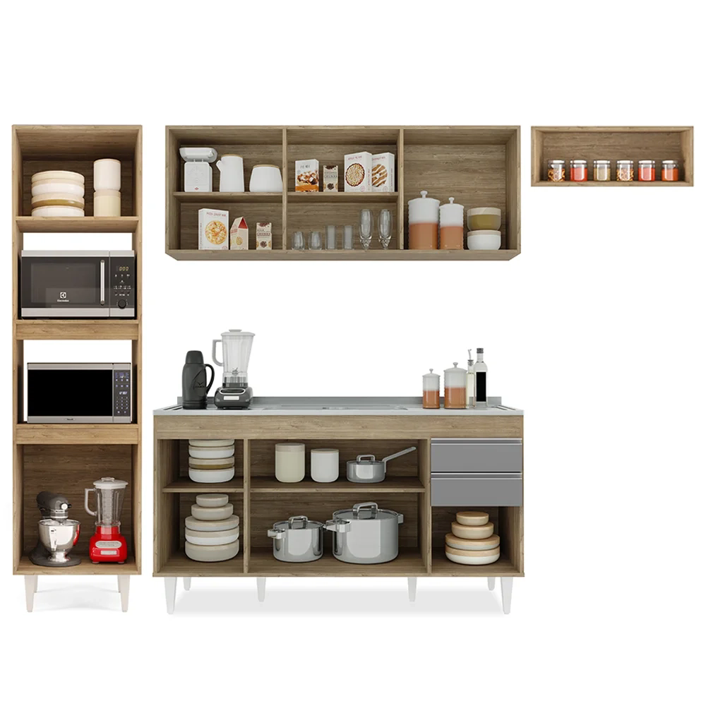 Armário de Cozinha Modulada 4 Peças CP12 Balcão com Pia Inox Castanho/Cinza - Lumil