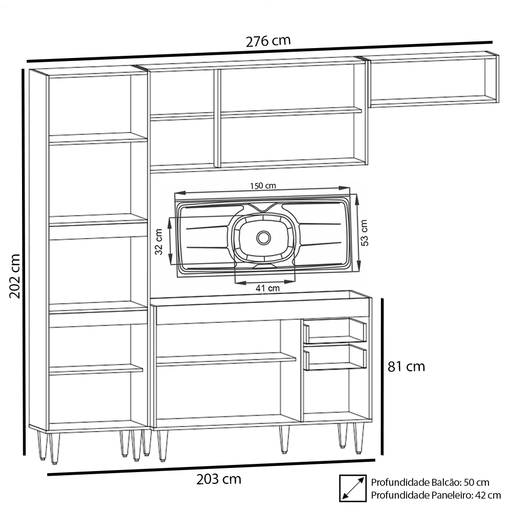 Armário de Cozinha Modulada 4 Peças CP12 Balcão com Pia Inox Preto/Cinza - Lumil