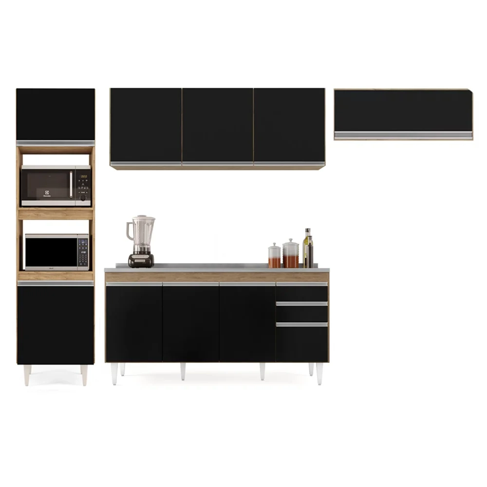 Armário de Cozinha Modulada 4 Peças CP12 Balcão com Pia Inox Castanho/Preto - Lumil