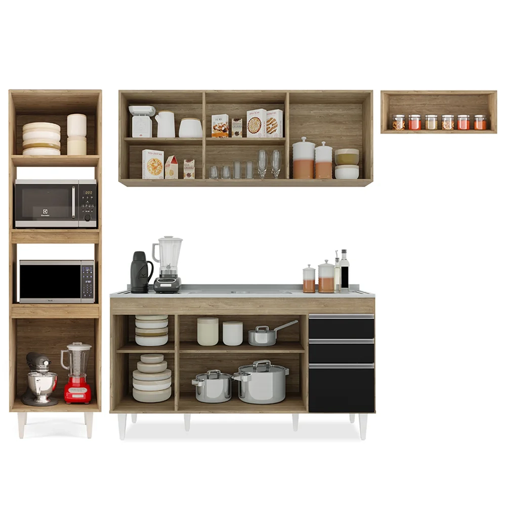 Armário de Cozinha Modulada 4 Peças CP12 Balcão com Pia Inox Castanho/Preto - Lumil