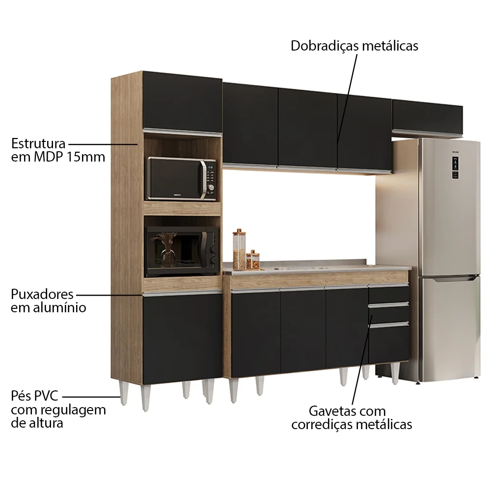 Armário de Cozinha Modulada 4 Peças CP12 Balcão com Pia Inox Castanho/Preto - Lumil