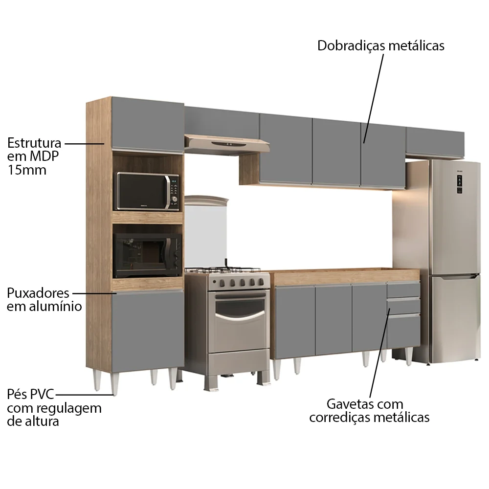 Armário de Cozinha Modulada 5 Peças CP13 Balcão Castanho/Cinza - Lumil