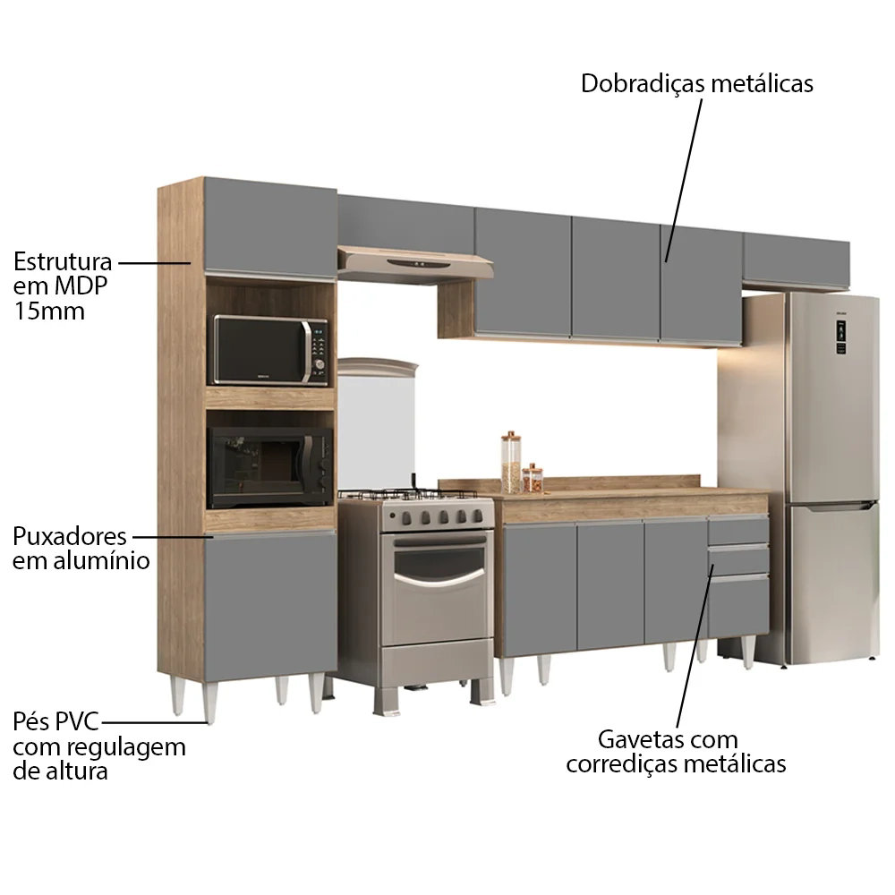 Armário de Cozinha Modulada 5 Peças CP14 Balcão com Tampo Castanho/Cinza - Lumil