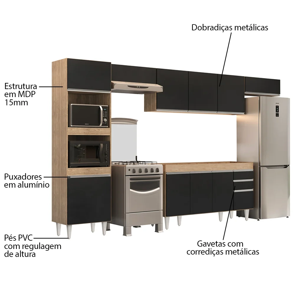 Armário de Cozinha Modulada 5 Peças CP13 Balcão Castanho/Preto - Lumil