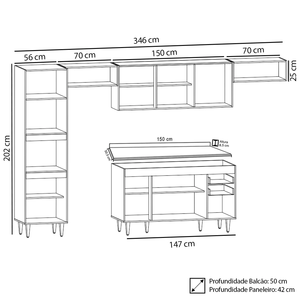 Armário de Cozinha Modulada 5 Peças CP14 Balcão com Tampo Castanho/Preto - Lumil