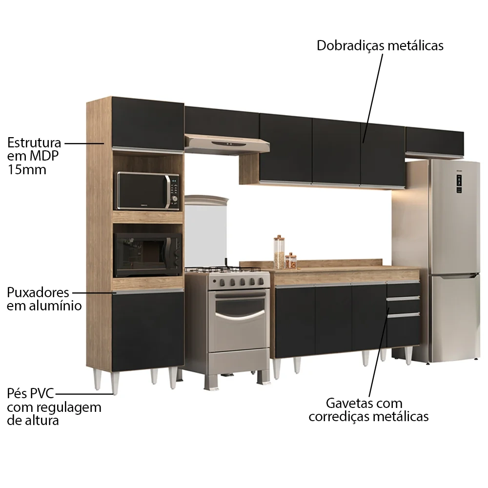 Armário de Cozinha Modulada 5 Peças CP14 Balcão com Tampo Castanho/Preto - Lumil