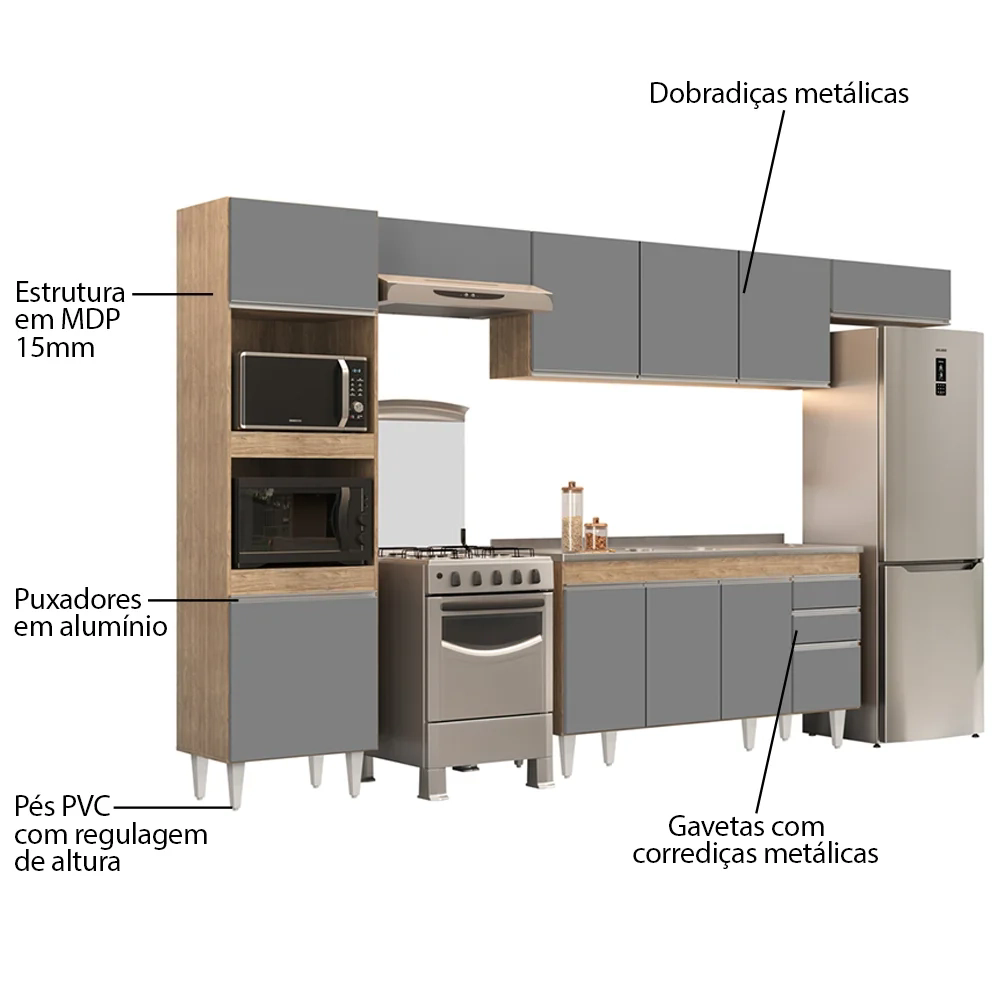Armário de Cozinha Modulada 5 Peças CP15 Balcão com Pia Inox Castanho/Cinza - Lumil