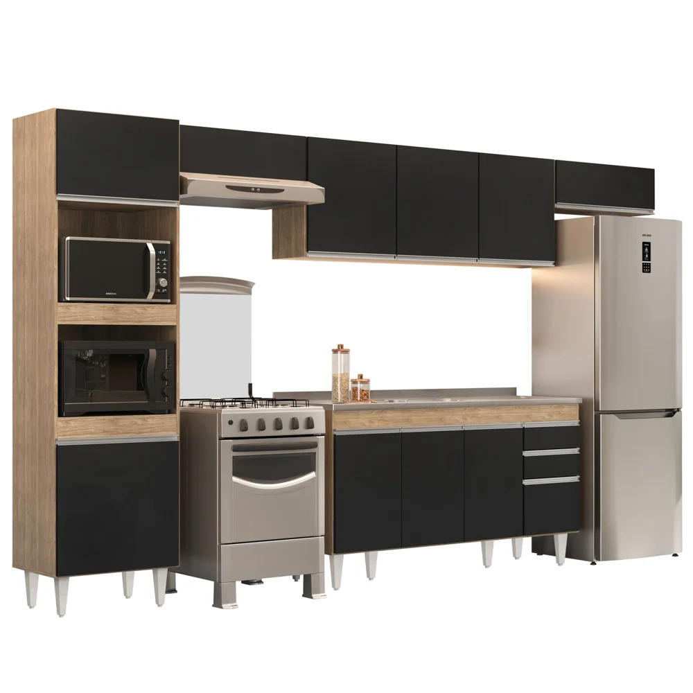 Armário de Cozinha Modulada 5 Peças CP15 Balcão com Pia Inox Castanho/Preto - Lumil