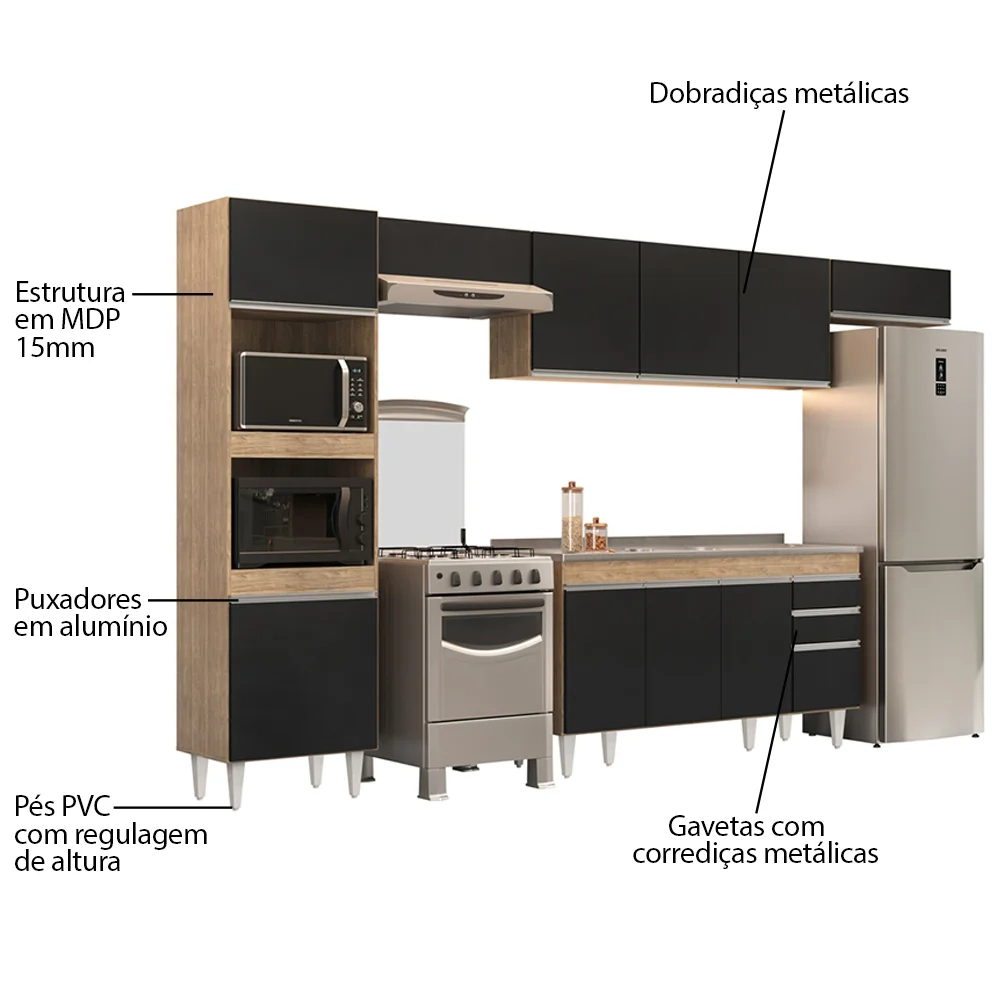 Armário de Cozinha Modulada 5 Peças CP15 Balcão com Pia Inox Castanho/Preto - Lumil