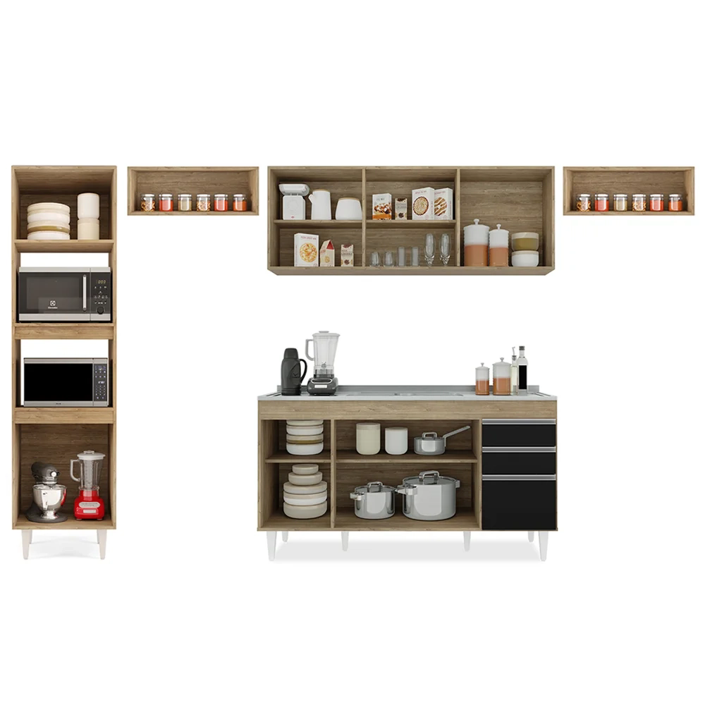 Armário de Cozinha Modulada 5 Peças CP15 Balcão com Pia Inox Castanho/Preto - Lumil