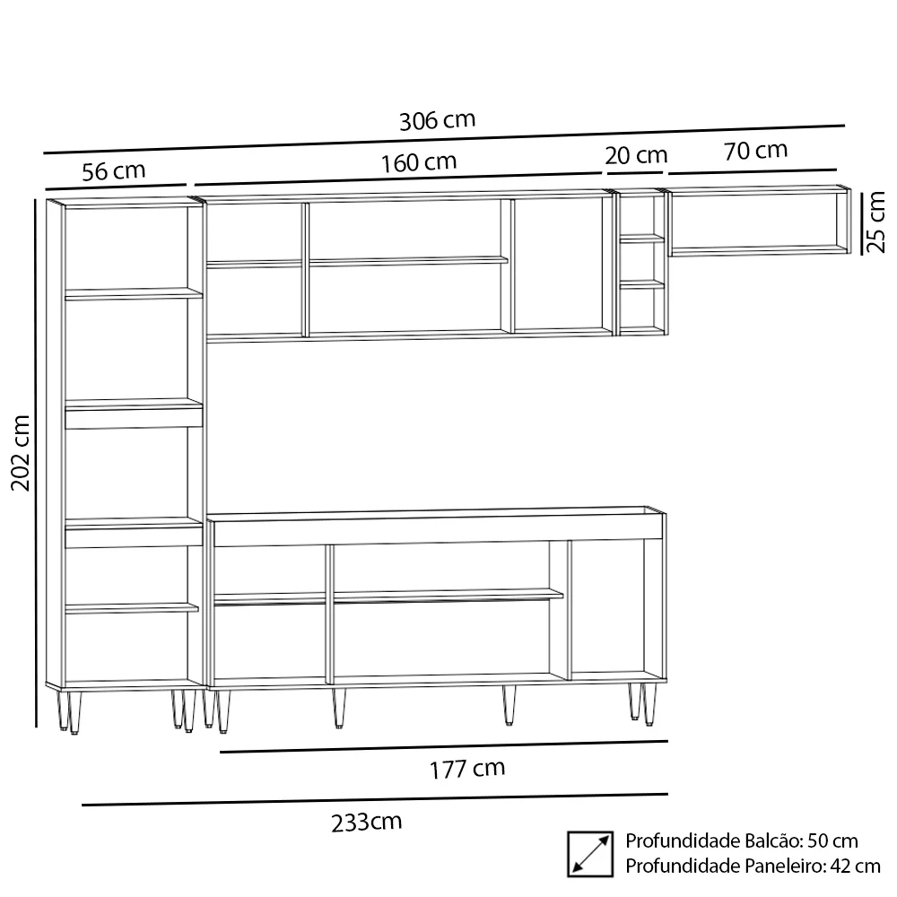 Armário de Cozinha Modulada 5 Peças CP16 Balcão Castanho/Cinza - Lumil