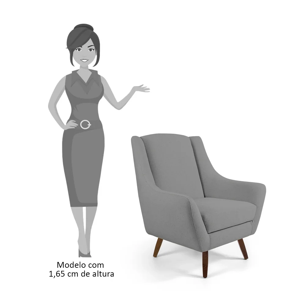 Poltrona Decorativa Sala de Estar Juliet Pés de Madeira C-416 Linho Cinza Escuro - Domi