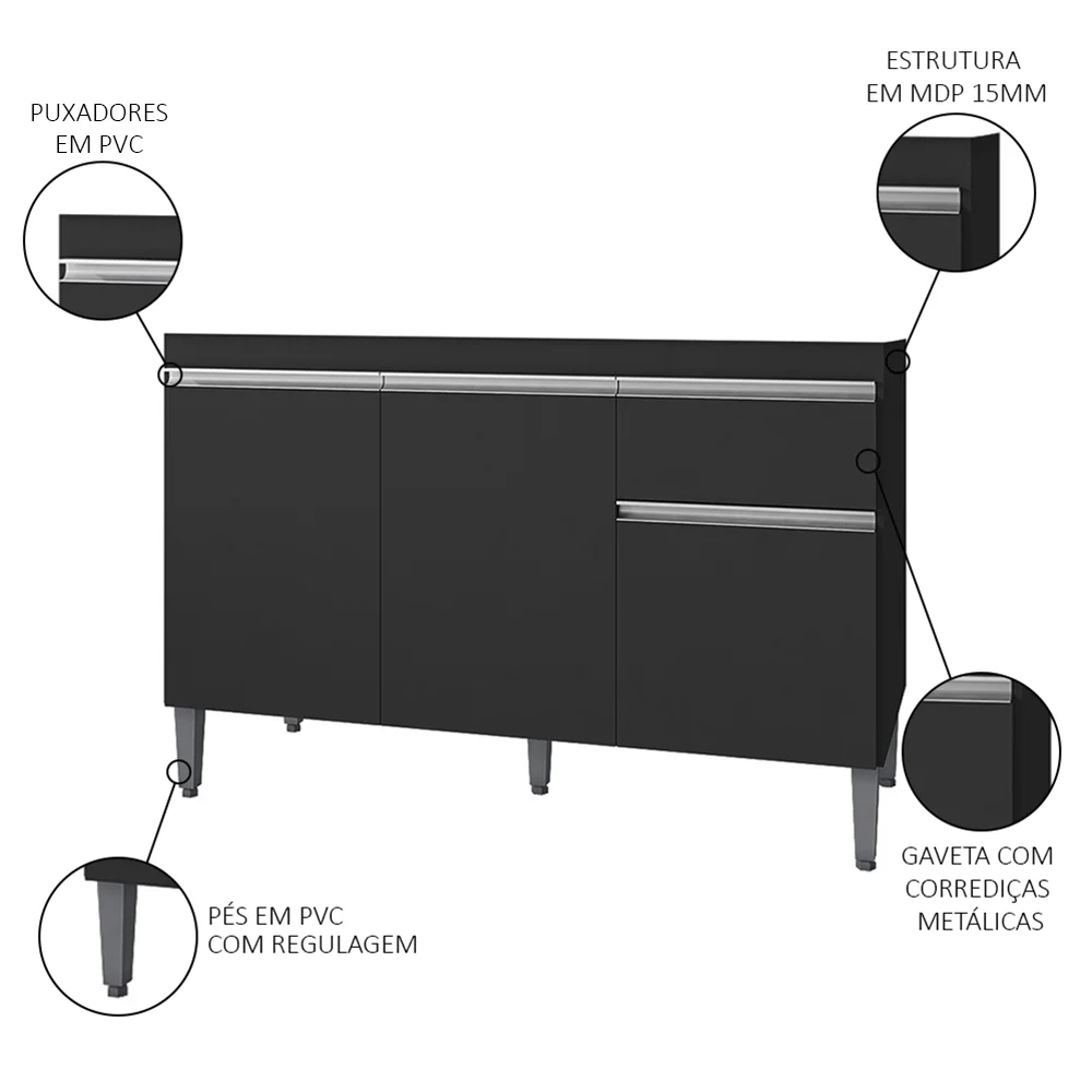 Balcão Gabinete Para Pia Sem Tampo 120cm 3 Portas e 1 Gaveta Tatiane Preto - AJL Móveis