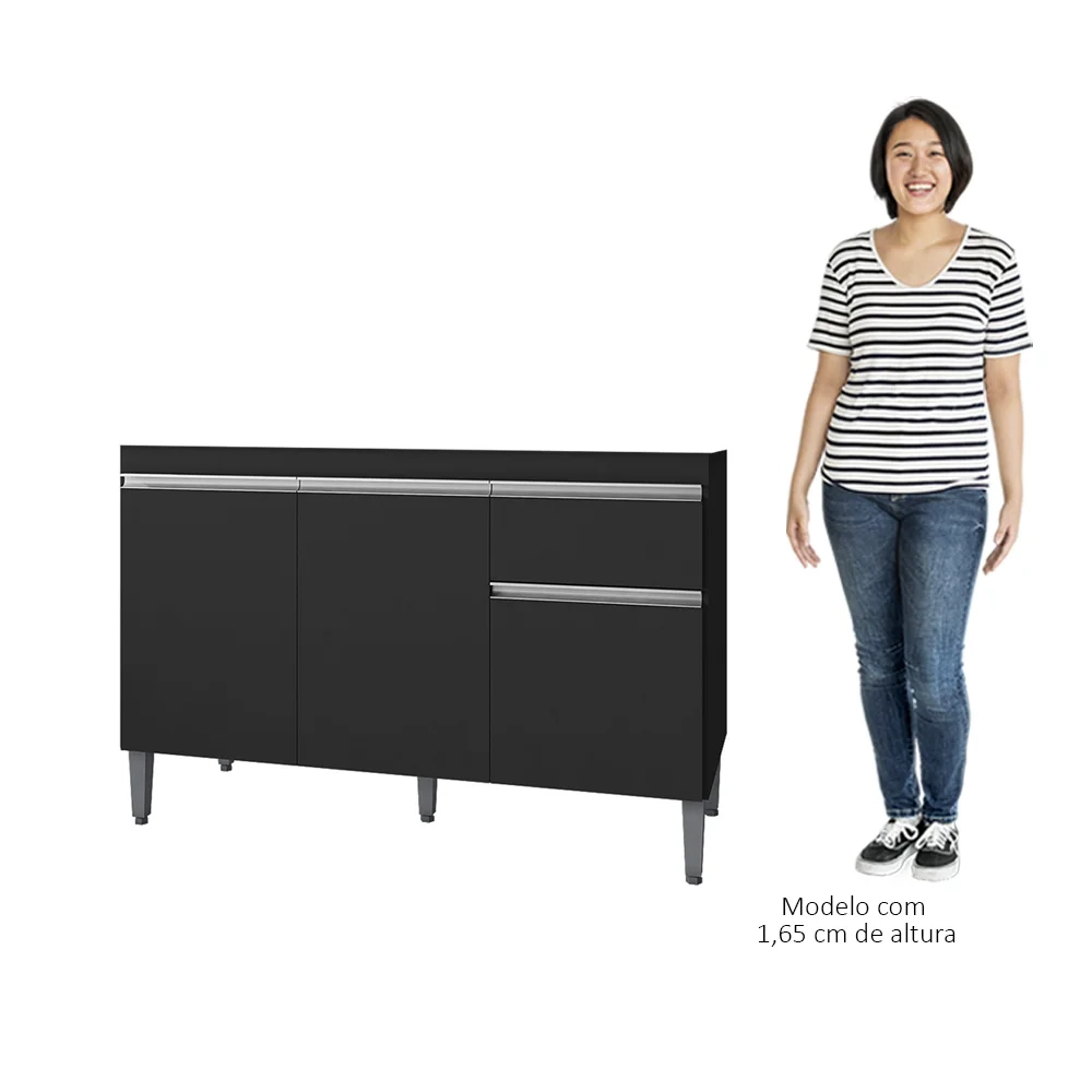 Balcão Gabinete Para Pia Sem Tampo 120cm 3 Portas e 1 Gaveta Tatiane Preto - AJL Móveis