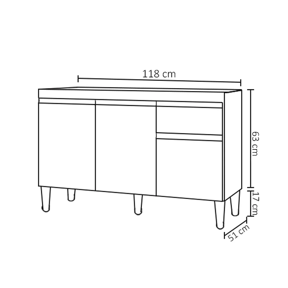 Balcão Gabinete Para Pia Sem Tampo 120cm 3 Portas e 1 Gaveta Tatiane Cinza - AJL Móveis