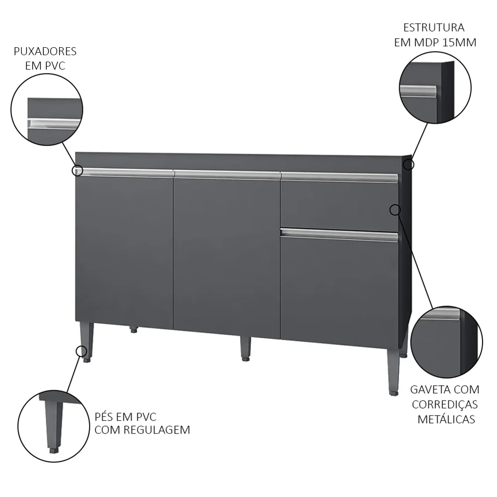 Balcão Gabinete Para Pia Sem Tampo 120cm 3 Portas e 1 Gaveta Tatiane Cinza - AJL Móveis