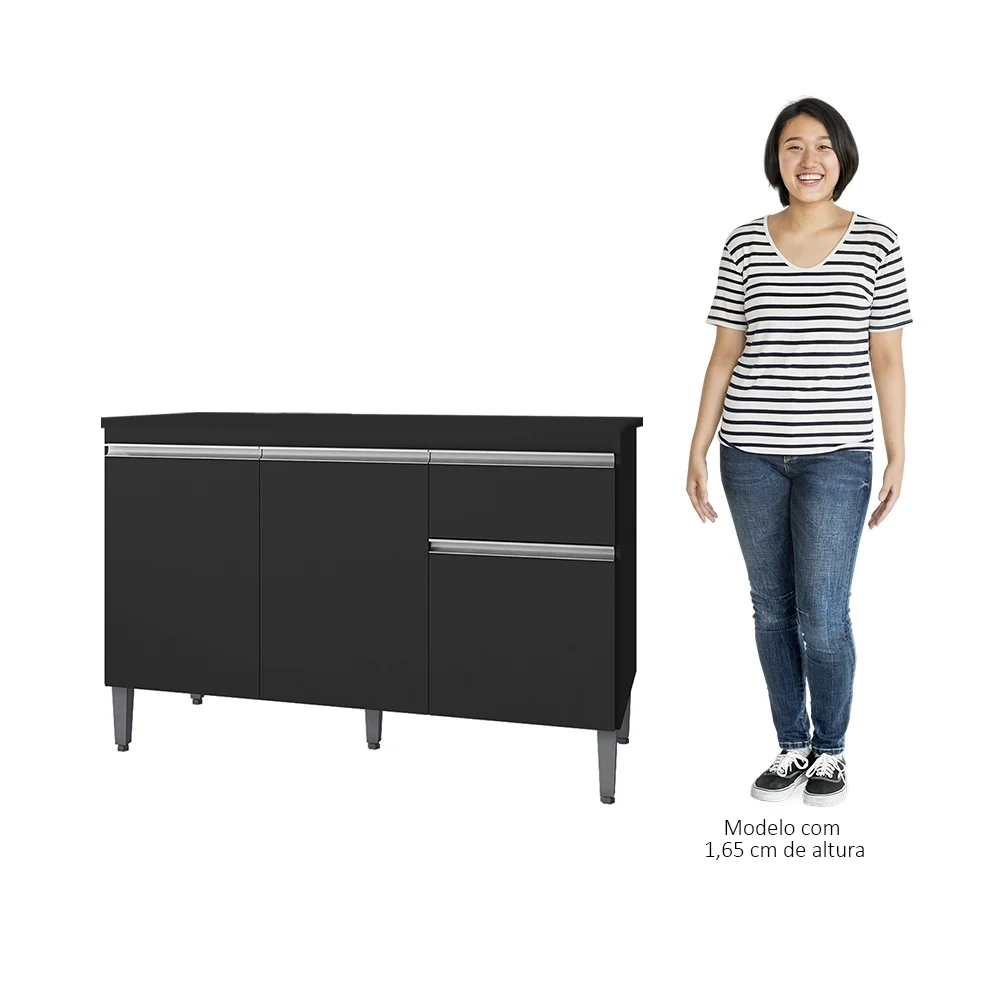 Balcão Gabinete Para Pia Com Tampo 120cm 3 Portas e 1 Gaveta Tatiane Preto - AJL Móveis