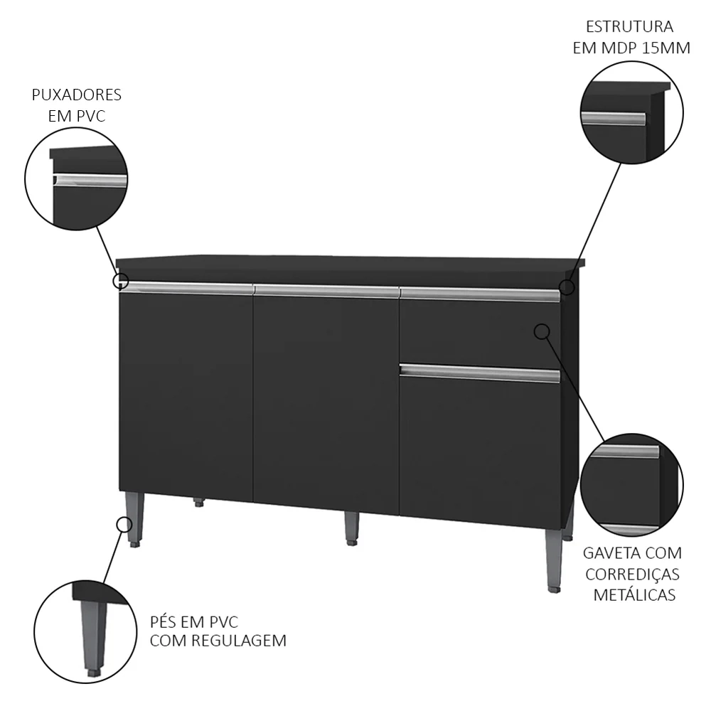 Balcão Gabinete Para Pia Com Tampo 120cm 3 Portas e 1 Gaveta Tatiane Preto - AJL Móveis