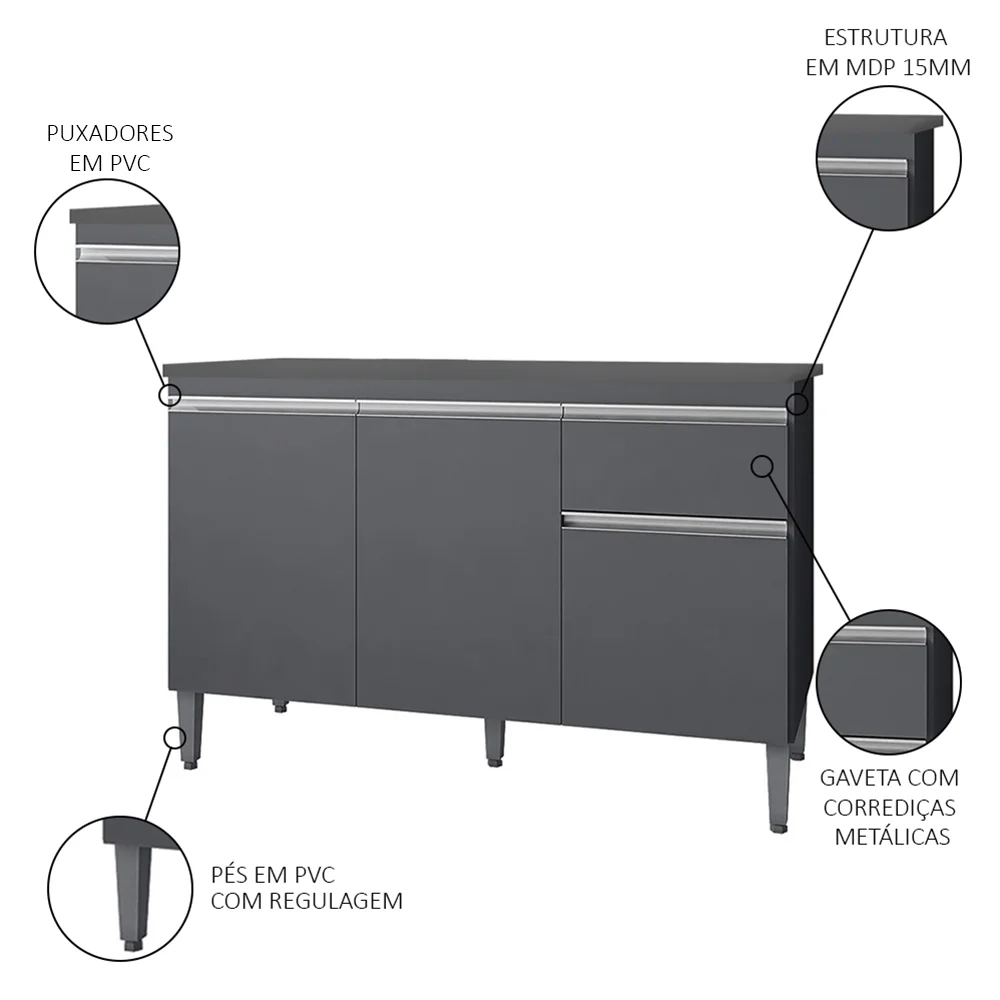 Balcão Gabinete Para Pia Com Tampo 120cm 3 Portas e 1 Gaveta Tatiane Cinza - AJL Móveis
