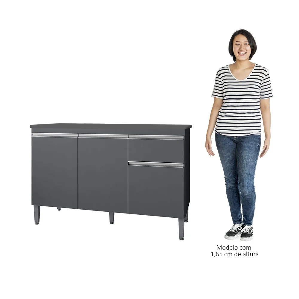 Balcão Gabinete Para Pia Com Tampo 120cm 3 Portas e 1 Gaveta Tatiane Cinza - AJL Móveis