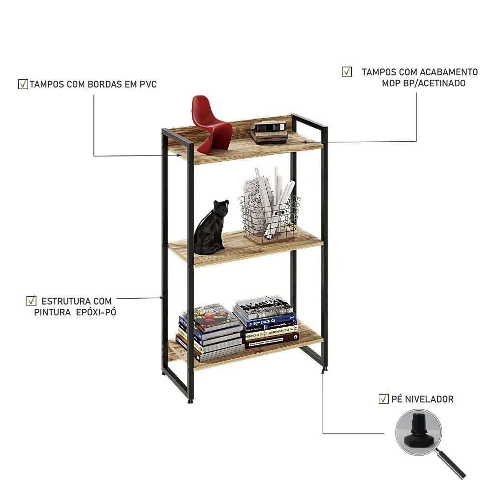 Estante Livreiro Dynamica Industrial 60cm 3 Prateleiras C08 Carvalho - Mpozenato