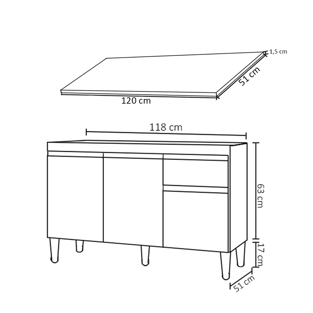 Balcão Gabinete Para Pia Com Tampo 120cm 3 Portas e 1 Gaveta Tatiane Branco - AJL Móveis