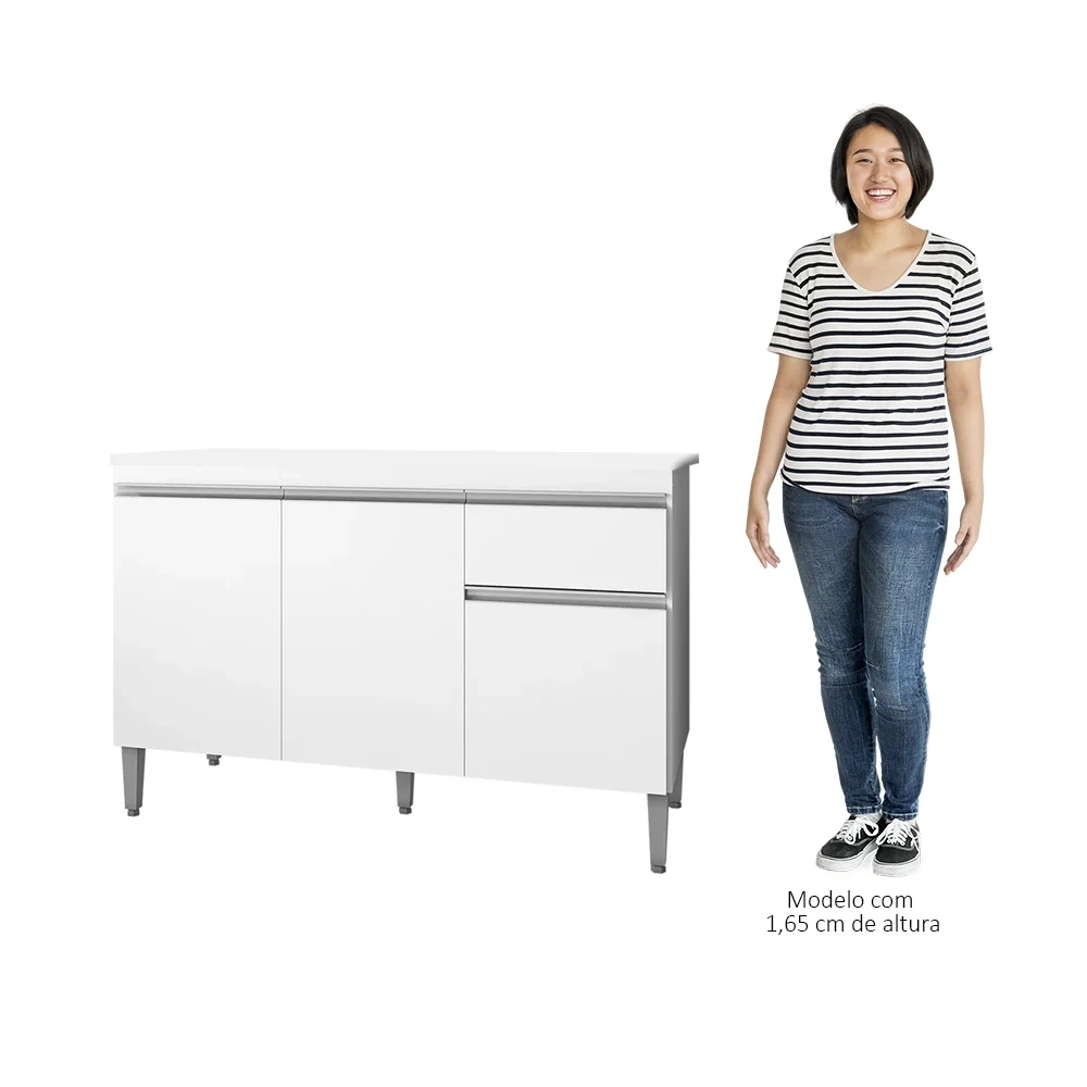 Balcão Gabinete Para Pia Com Tampo 120cm 3 Portas e 1 Gaveta Tatiane Branco - AJL Móveis