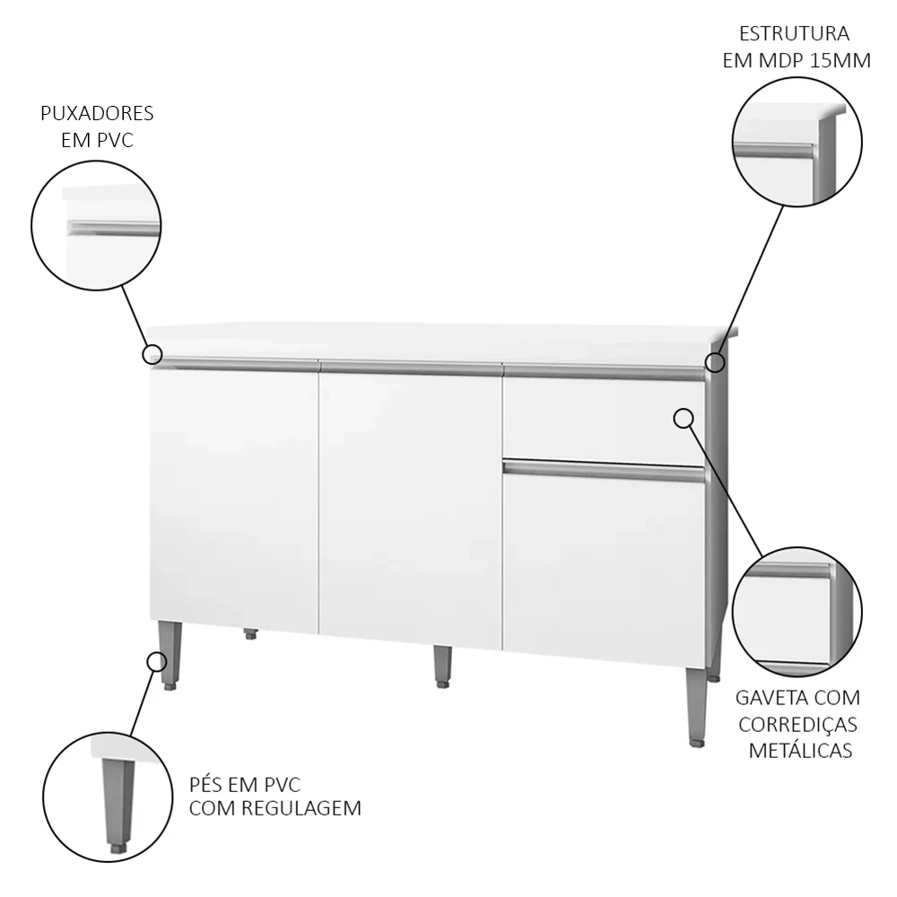 Balcão Gabinete Para Pia Com Tampo 120cm 3 Portas e 1 Gaveta Tatiane Branco - AJL Móveis