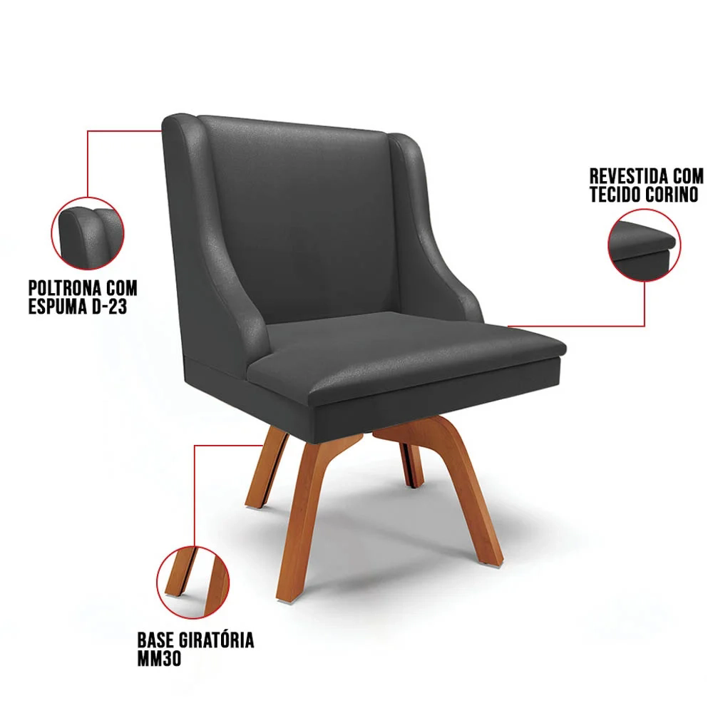 Cadeira Estofada para Sala de Jantar Base Giratória de Madeira Lia Sintético Preto - Ibiza