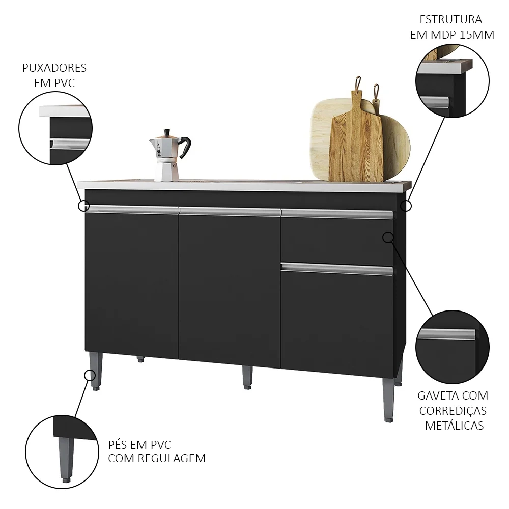 Balcão Gabinete Com Pia Inox 120cm 3 Portas e 1 Gaveta Tatiane Preto - AJL Móveis