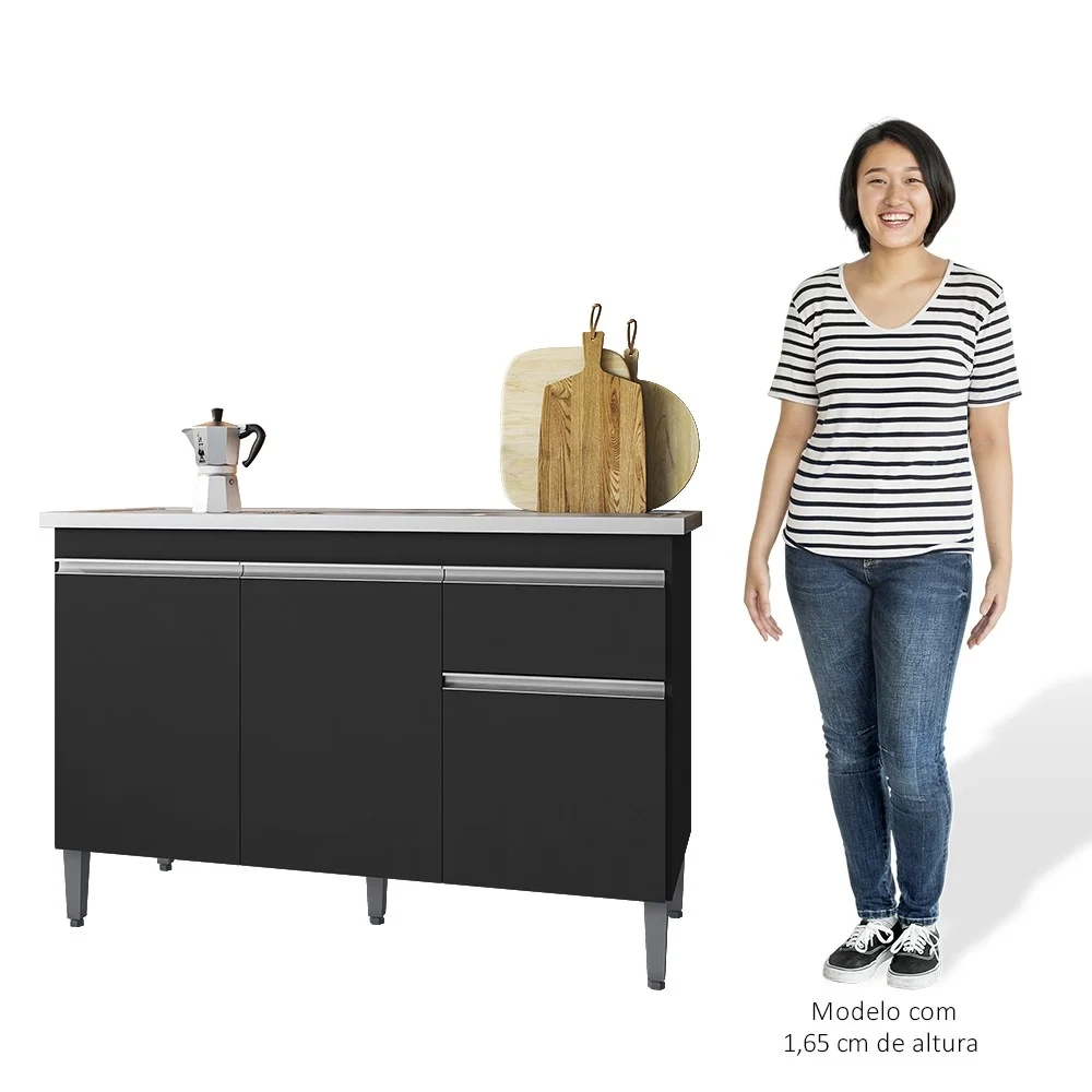Balcão Gabinete Com Pia Inox 120cm 3 Portas e 1 Gaveta Tatiane Preto - AJL Móveis