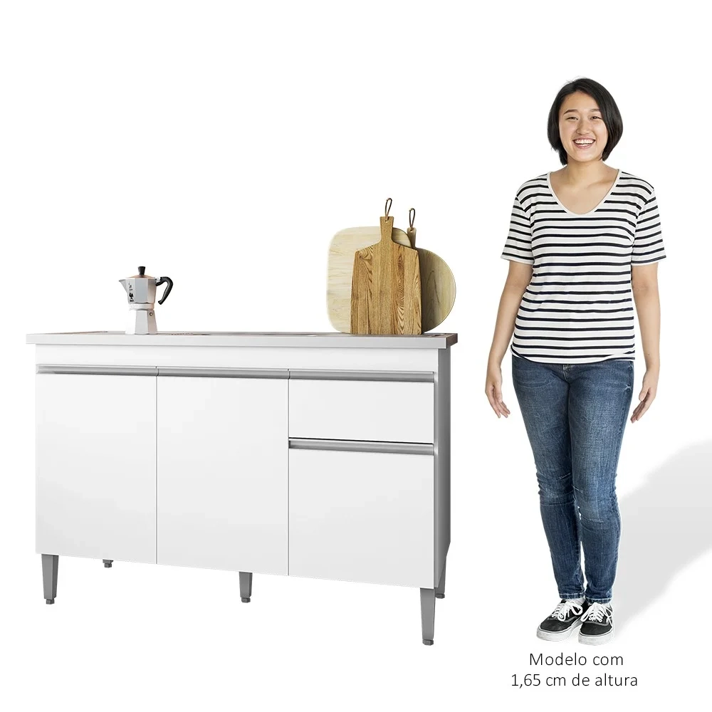 Balcão Gabinete Com Pia Inox 120cm 3 Portas e 1 Gaveta Tatiane Branco - AJL Móveis
