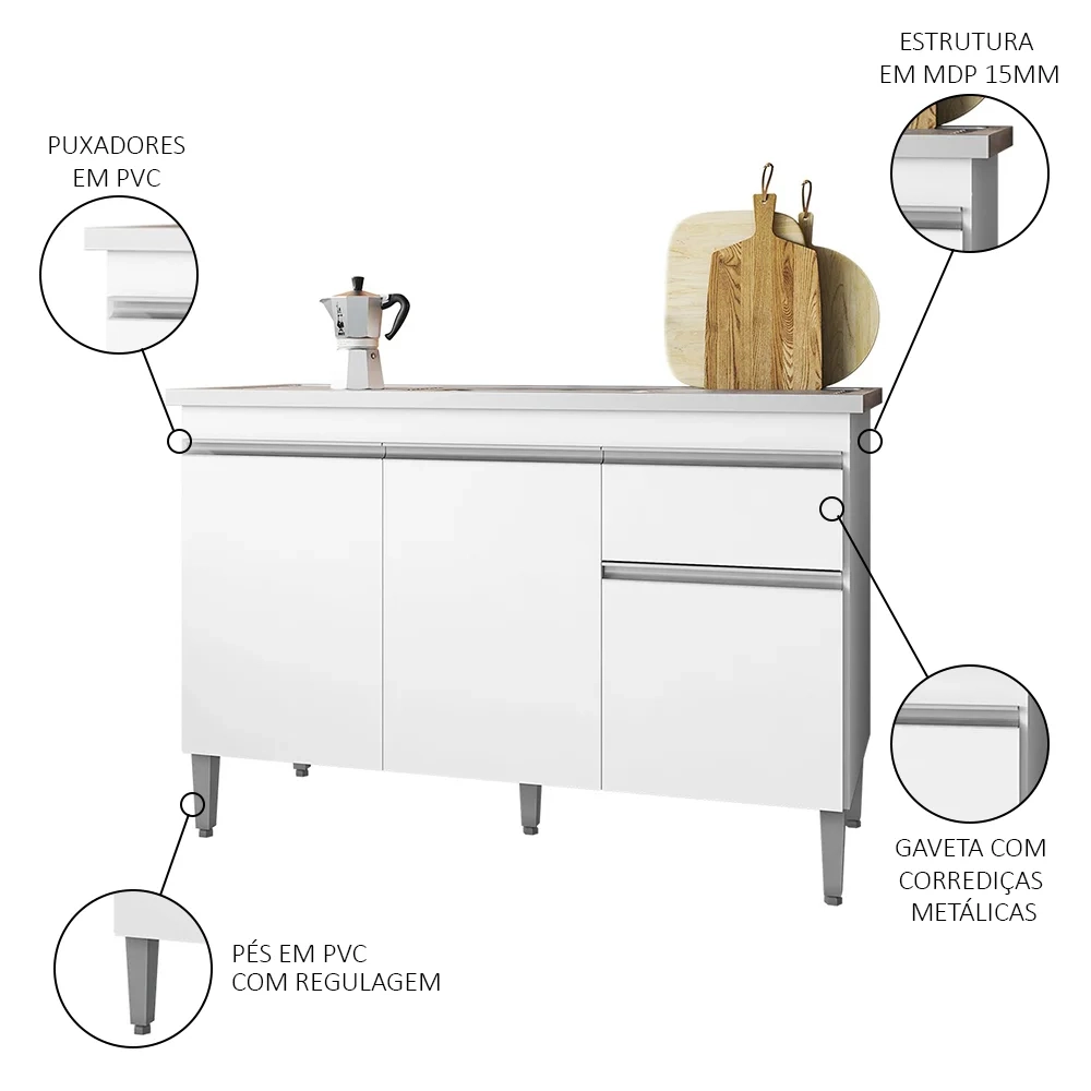 Balcão Gabinete Com Pia Inox 120cm 3 Portas e 1 Gaveta Tatiane Branco - AJL Móveis
