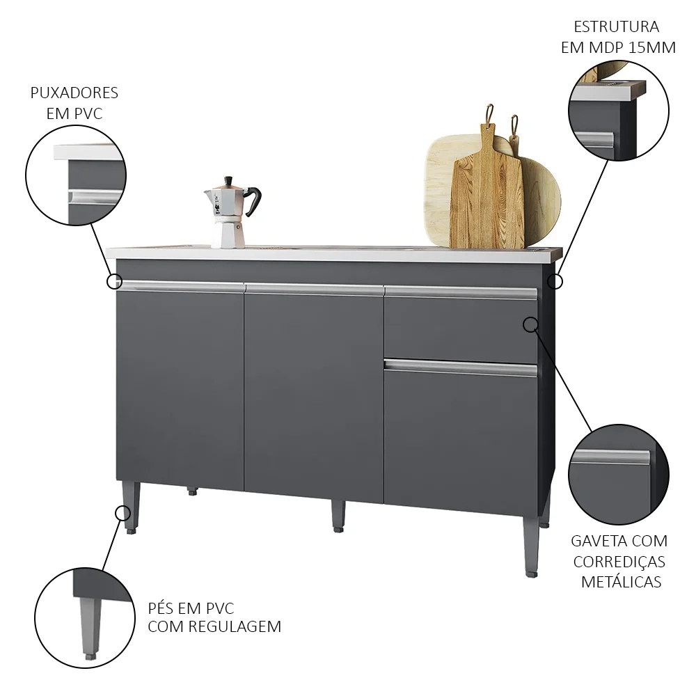 Balcão Gabinete Com Pia Inox 120cm 3 Portas e 1 Gaveta Tatiane Cinza - AJL Móveis