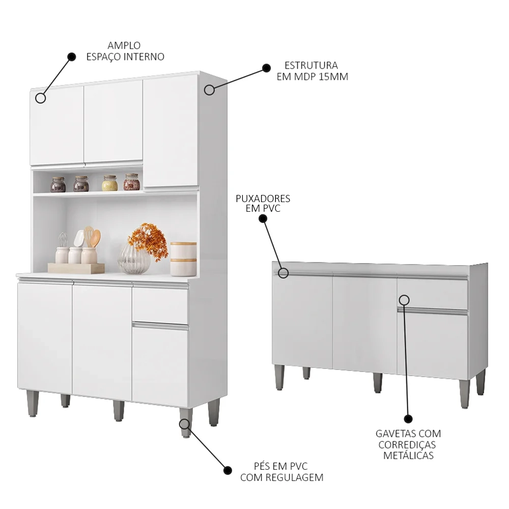 Cozinha Compacta Márcia e Balcão Gabinete Sem Tampo Tatiane 120cm Branco - AJL Móveis