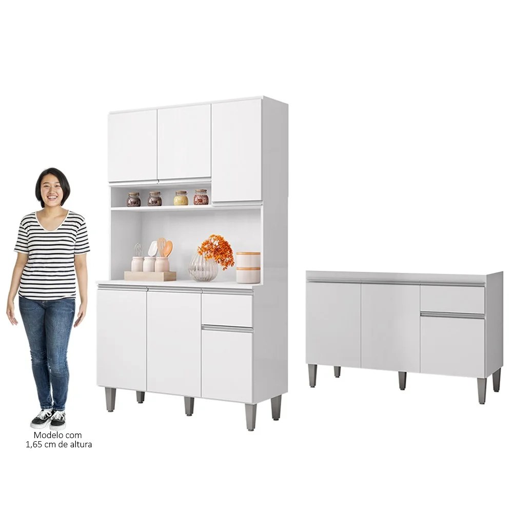 Cozinha Compacta Márcia e Balcão Gabinete Sem Tampo Tatiane 120cm Branco - AJL Móveis