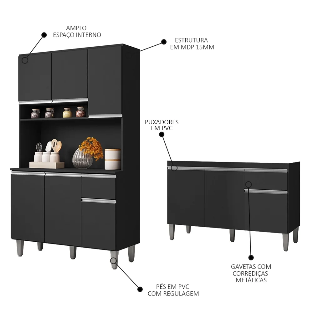 Cozinha Compacta Márcia e Balcão Gabinete Sem Tampo Tatiane 120cm Preto - AJL Móveis