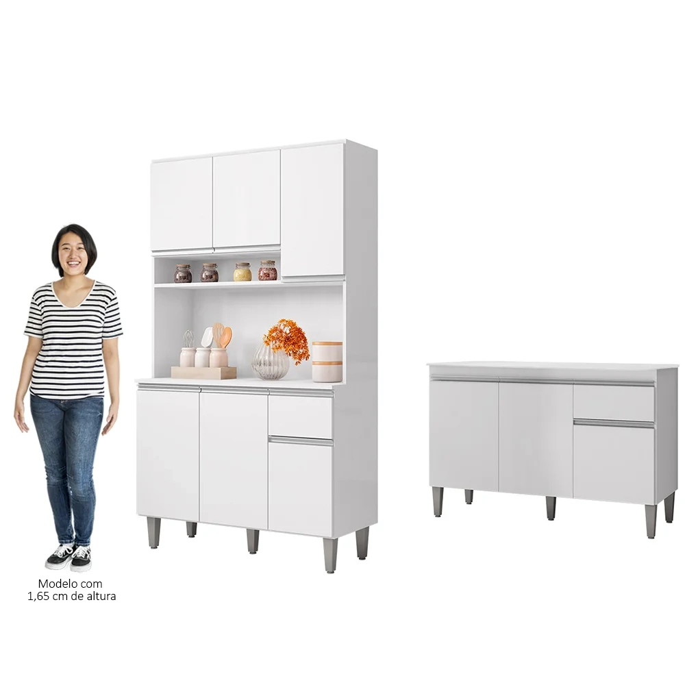 Cozinha Compacta Márcia e Balcão Gabinete Com Tampo Tatiane 120cm Branco - AJL Móveis