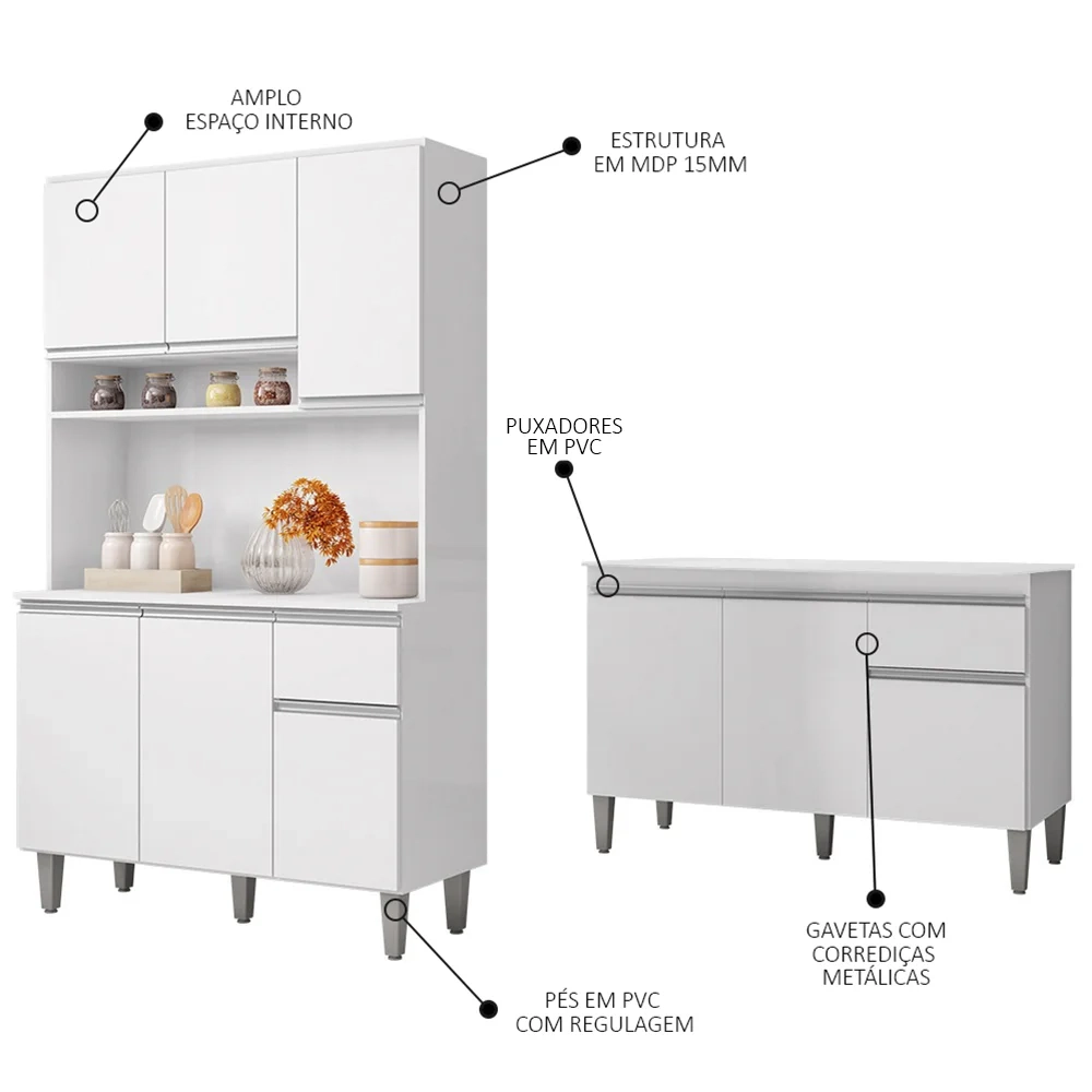Cozinha Compacta Márcia e Balcão Gabinete Com Tampo Tatiane 120cm Branco - AJL Móveis