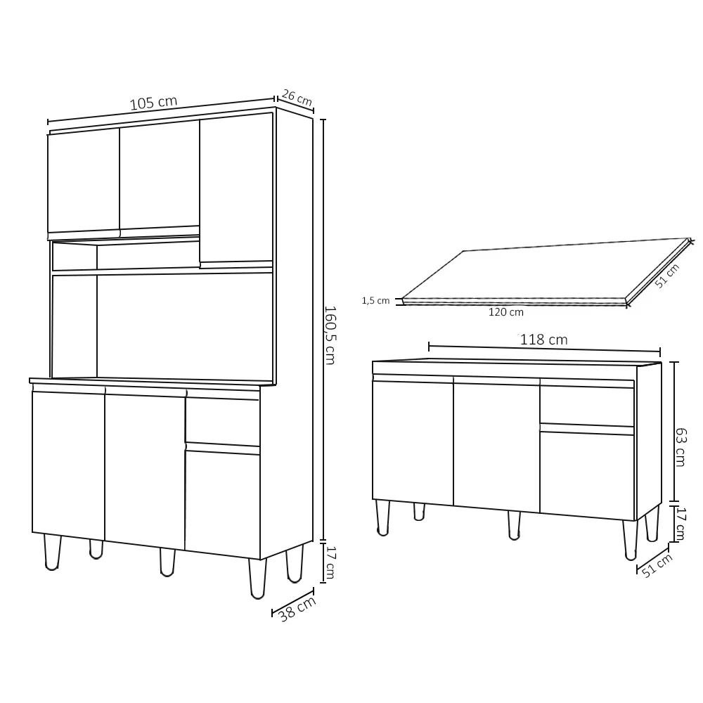 Cozinha Compacta Márcia e Balcão Gabinete Com Tampo Tatiane 120cm Branco - AJL Móveis