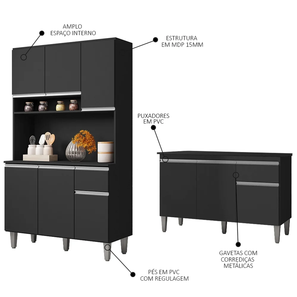 Cozinha Compacta Márcia e Balcão Gabinete Com Tampo Tatiane 120cm Preto - AJL Móveis