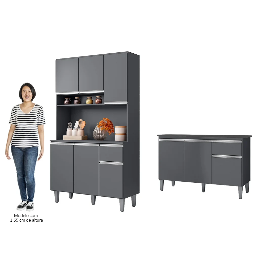 Cozinha Compacta Márcia e Balcão Gabinete Com Tampo Tatiane 120cm Cinza - AJL Móveis