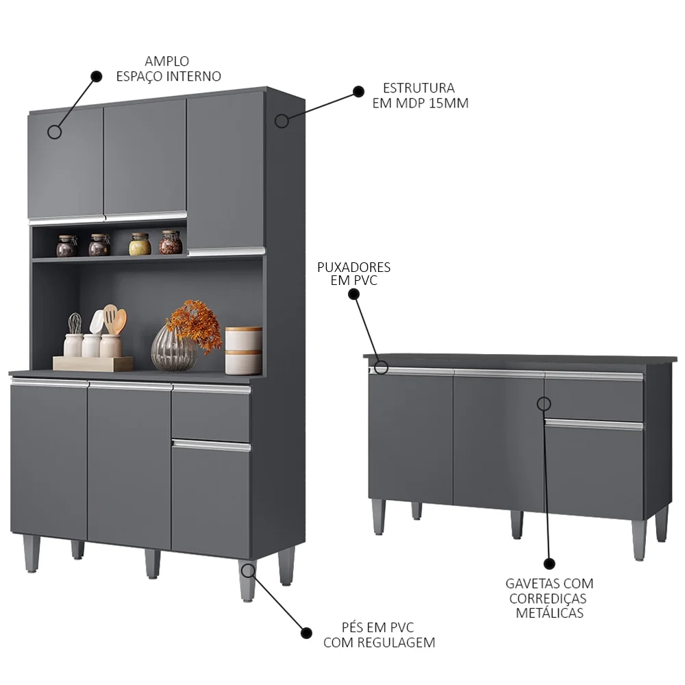 Cozinha Compacta Márcia e Balcão Gabinete Com Tampo Tatiane 120cm Cinza - AJL Móveis