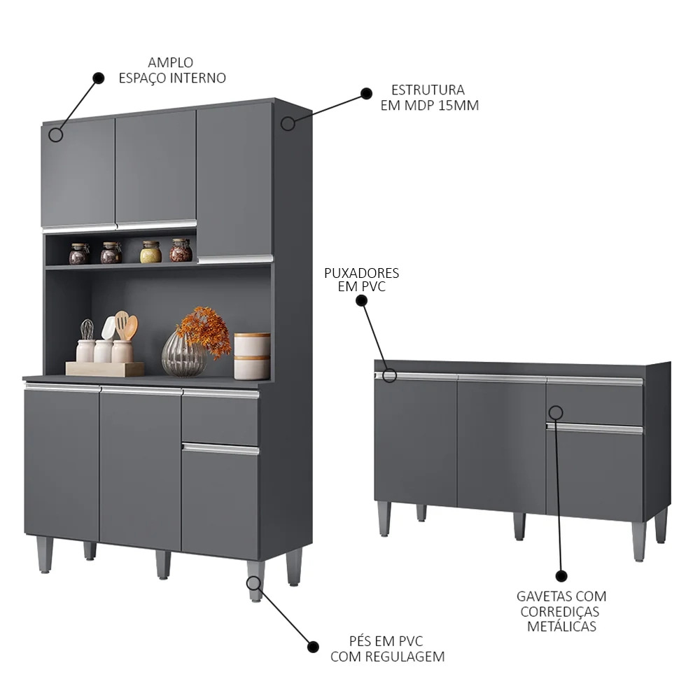 Cozinha Compacta Márcia e Balcão Gabinete Sem Tampo Tatiane 120cm Cinza - AJL Móveis