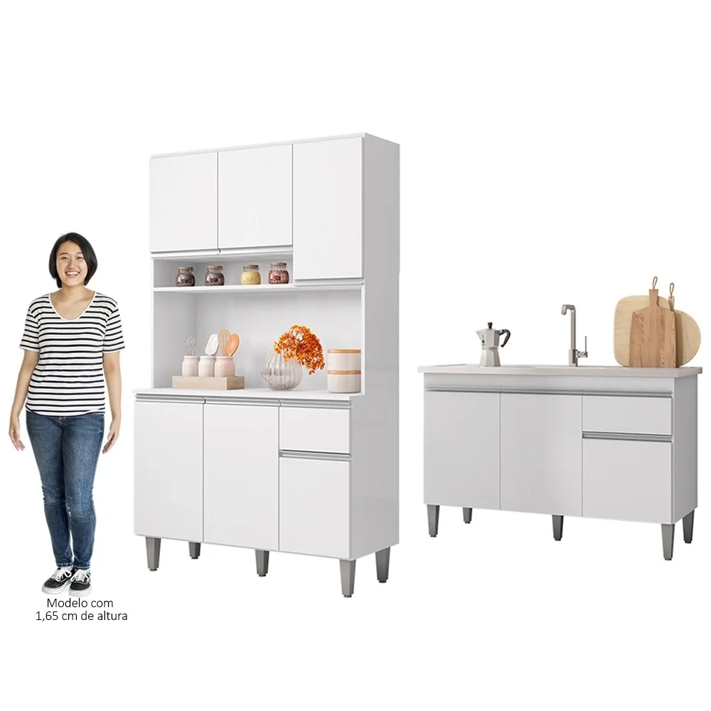 Cozinha Compacta Márcia e Balcão Gabinete Com Pia Tatiane 120cm Branco - AJL Móveis