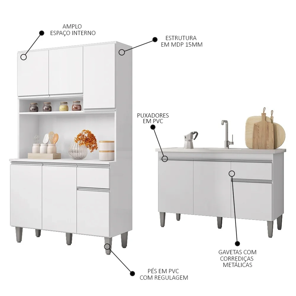 Cozinha Compacta Márcia e Balcão Gabinete Com Pia Tatiane 120cm Branco - AJL Móveis