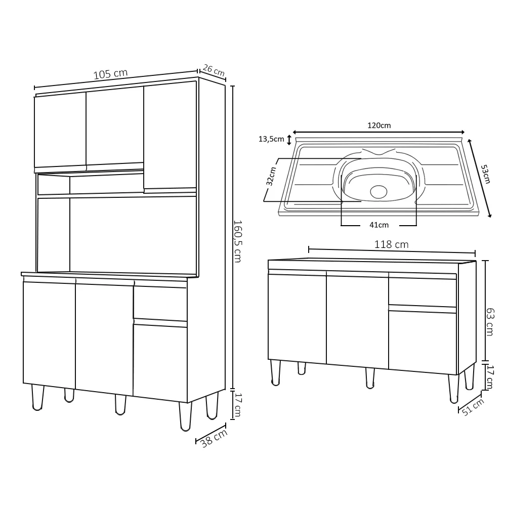Cozinha Compacta Márcia e Balcão Gabinete Com Pia Tatiane 120cm Branco - AJL Móveis