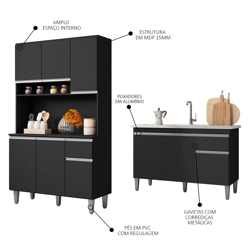 Cozinha Compacta Márcia e Balcão Gabinete Com Pia Tatiane 120cm Preto - AJL Móveis
