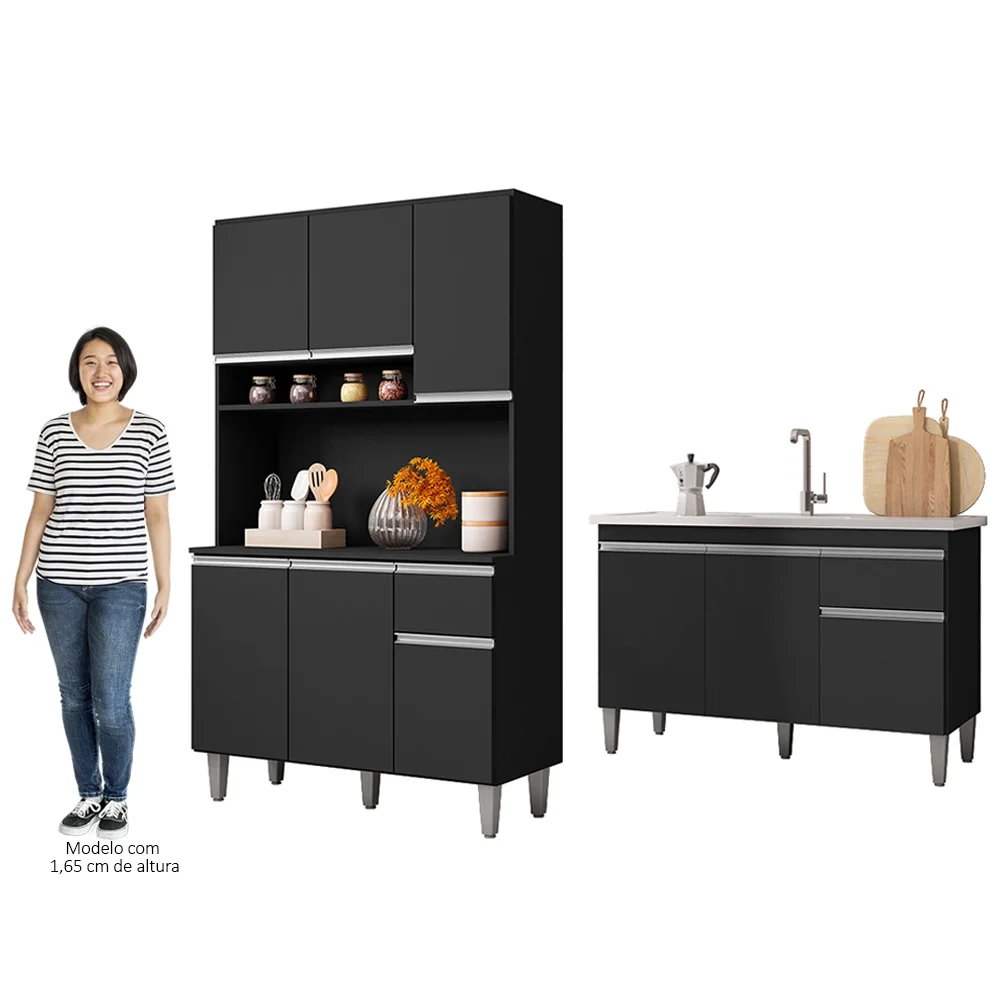 Cozinha Compacta Márcia e Balcão Gabinete Com Pia Tatiane 120cm Preto - AJL Móveis