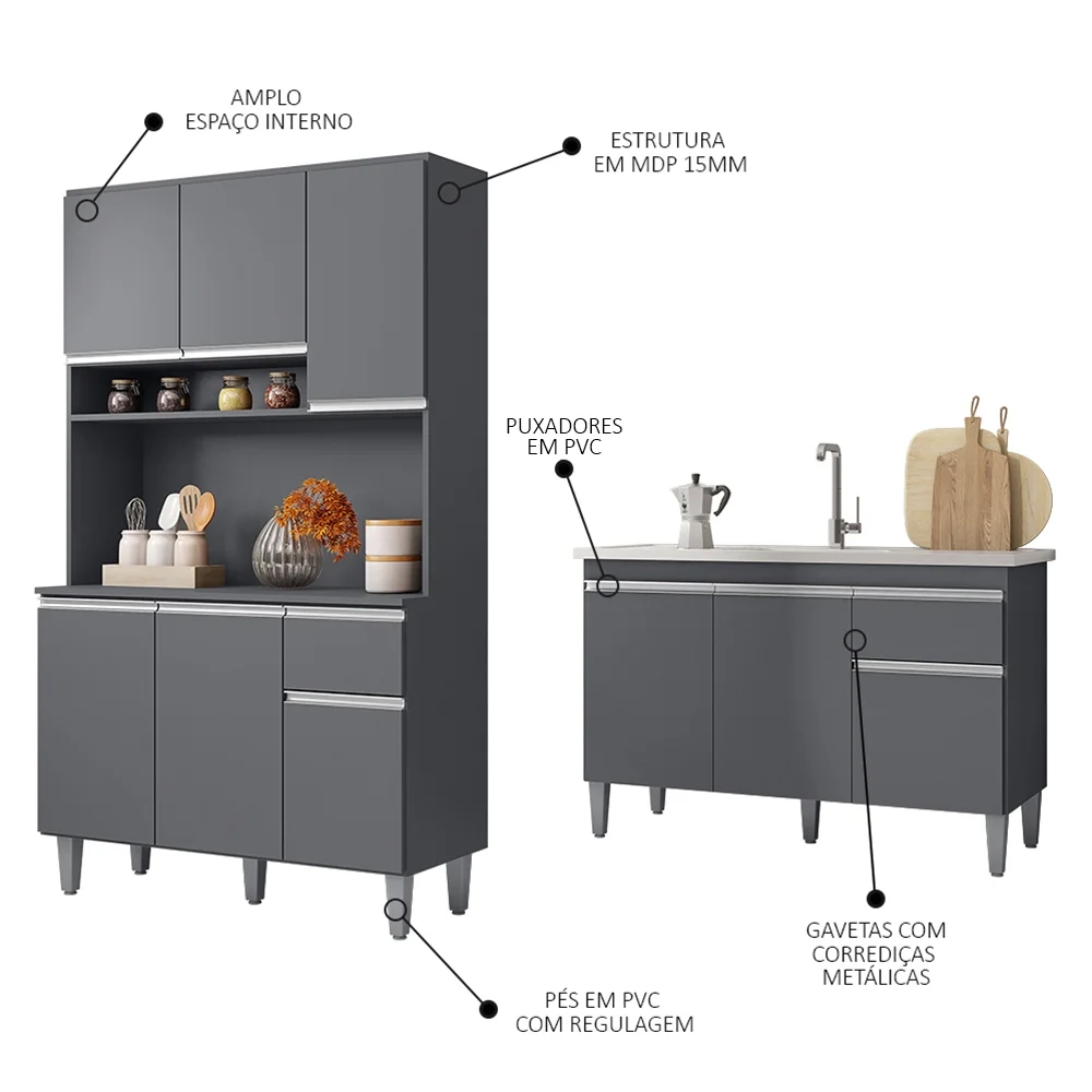 Cozinha Compacta Márcia e Balcão Gabinete Com Pia Tatiane 120cm Cinza - AJL Móveis